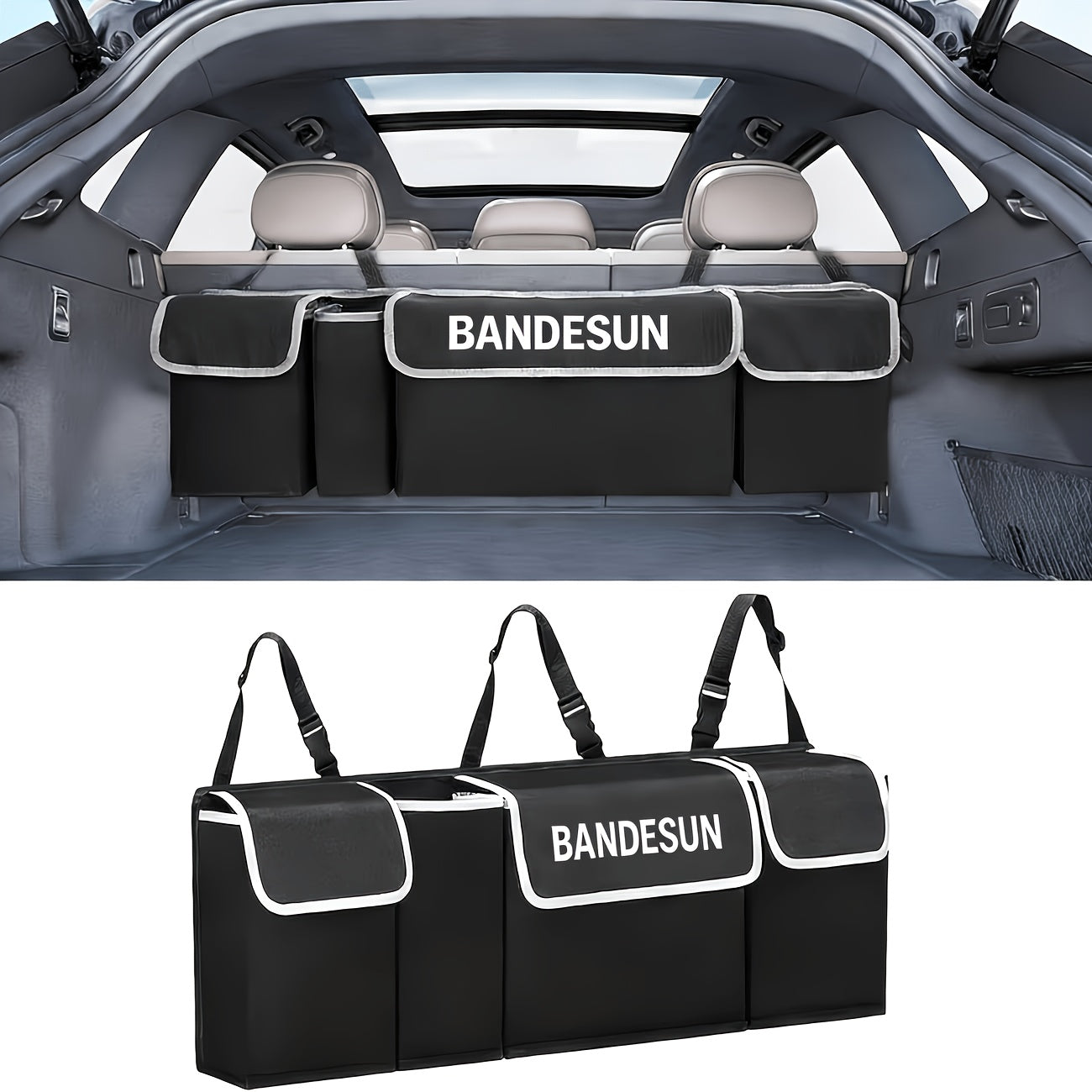 Rear Seat Hanging Storage Bag, Car Trunk Organization And Storage for SUV, Truck, MPV, Foldable Cargo Storage Bag with 4 Pockets, More Storage Space for SUV