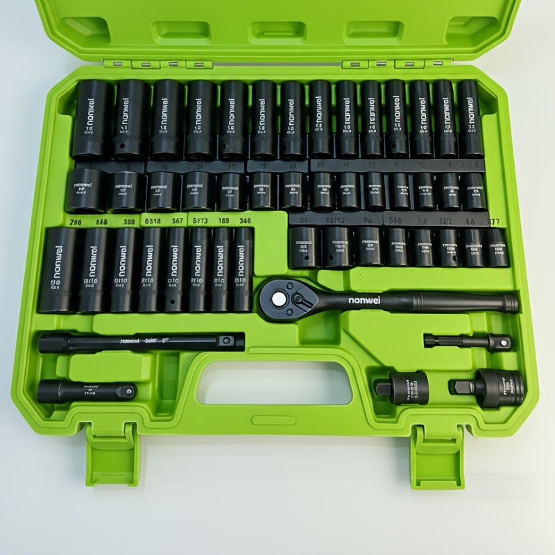 92/50/15pcs 3/8 Inch Drive Impact Socket Set, Metric (8-22 Mm), SAE (5/16 - 3/4 Inch), 6 Points, Cr-V Material, With Adapter Ratchet Handle And Storage Box - Professional/maintenance Personnel Set, A Great Choice For Daily Use And As A Gift.