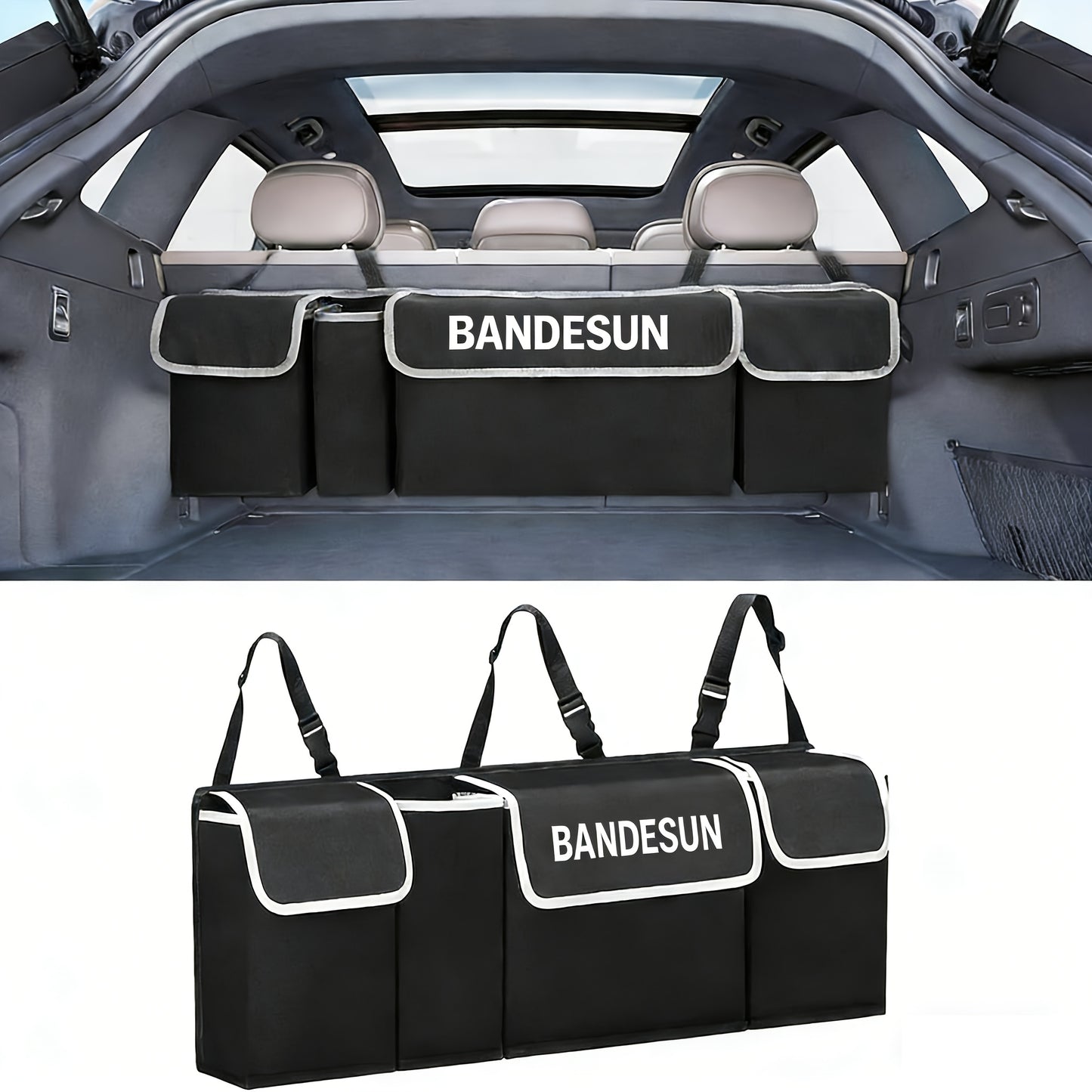 Rear Seat Hanging Storage Bag, Car Trunk Organization And Storage for SUV, Truck, MPV, Foldable Cargo Storage Bag with 4 Pockets, More Storage Space for SUV