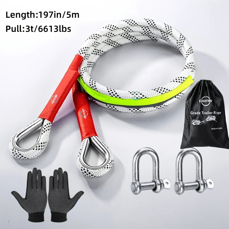 1 Heavy-duty Tow Hook And Tow Rope Set, 196.85inch Tow Hook And Tow Rope Set, Suitable for Off-road Rescue Of SUVs And Vehicles, Equipped with 2 Steel U-shaped Hooks, for Front Use, Suitable for Vehicles Weighing 135 Pounds Or Less