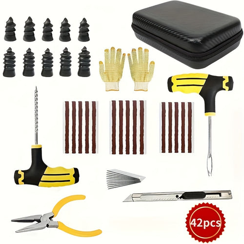 Complete 42pcs Car Emergency Tire Repair Kit Equipped with Full-Size Tire Patches, Easy Self-Repair for Punctured & Leaky Tires for Daily Vehicles