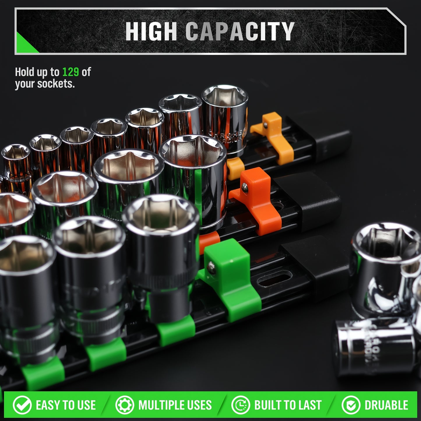 [Heavy Duty, Socket Organizer] HORUSDY 9pcs Heavy Duty ABS Socket Organizer | 1/2 inch, 3/8 inch & 1/4 inch Drive Socket Rail Holders with Red Blue Black Clips - Includes 9 Extra Clips