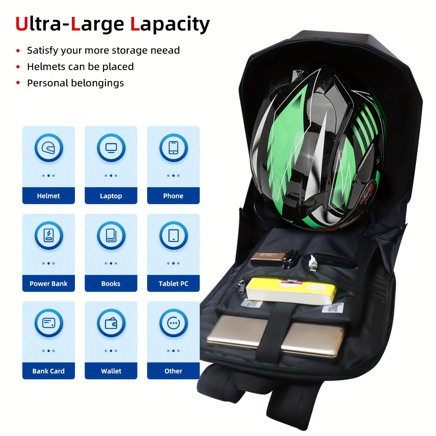 Gelrova Knight LED Motorcycle Backpack With Eye, Hard Case Riding Helmet Backpack Motorbike Laptop Bag, Large Size 19inch, USB Powered Gear (Power Bank Not Included), Black