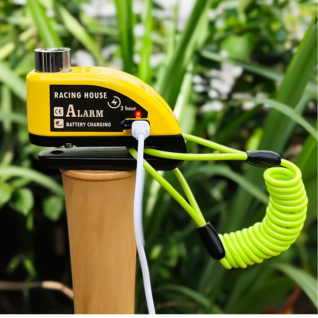 Motorbike Security Lock with a Disc Brake Mechanism, Featuring a 120Db Alarm System, a 500Mah Rechargeable Battery, And Includes a USB Charging Cable And Reminder Rope