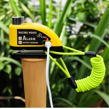 Motorbike Security Lock with a Disc Brake Mechanism, Featuring a 120Db Alarm System, a 500Mah Rechargeable Battery, And Includes a USB Charging Cable And Reminder Rope