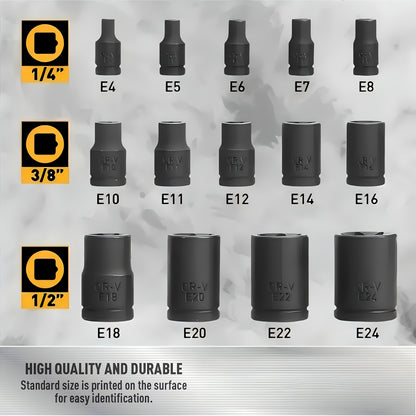 14pcs Female E-Torx Star Socket Set/Rail, 1/4" 3/8" 1/2" Drive, E24 External Torque Socket Set, Ultimate Star Socket Set, Torque Socket Set, External Plum Blossom Socket Set