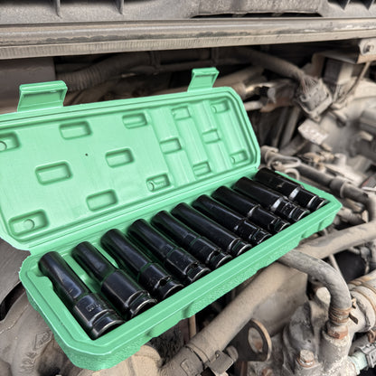 1/2-Inch Deep Impact Socket Set with Sturdy Green Storage Case, Pneumatic& Electric Drill Compatible, Ideal for Tire Removal, Mechanical Repair& Auto Maintenance