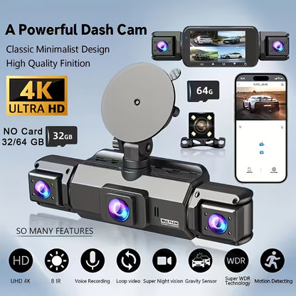 FOXGOD Dash Cam for Cars, 3/4-Channel 4K+1080P HD Ultimate Safety Driving Recorder Set, Front 4K or So Rear 1080P, Super Night Vision, WDR, G Sensor, Circular Video, Optional Memory Card and Lens - Safe Driving Black Box