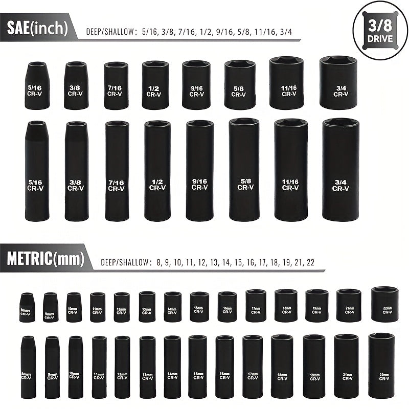 [Impact Socket Set] 50/53pcss Impact Socket Set - 3/8-Inch Drive, Including Common Metric Sizes (8-22 Mm) And Imperial Sizes (5/16-3/4 Inch), Made of CR-V Steel. The 53pcss Set Includes 24-Tooth 1/4-Inch Metric Sockets, Ideal for Enthusiasts And Machinist