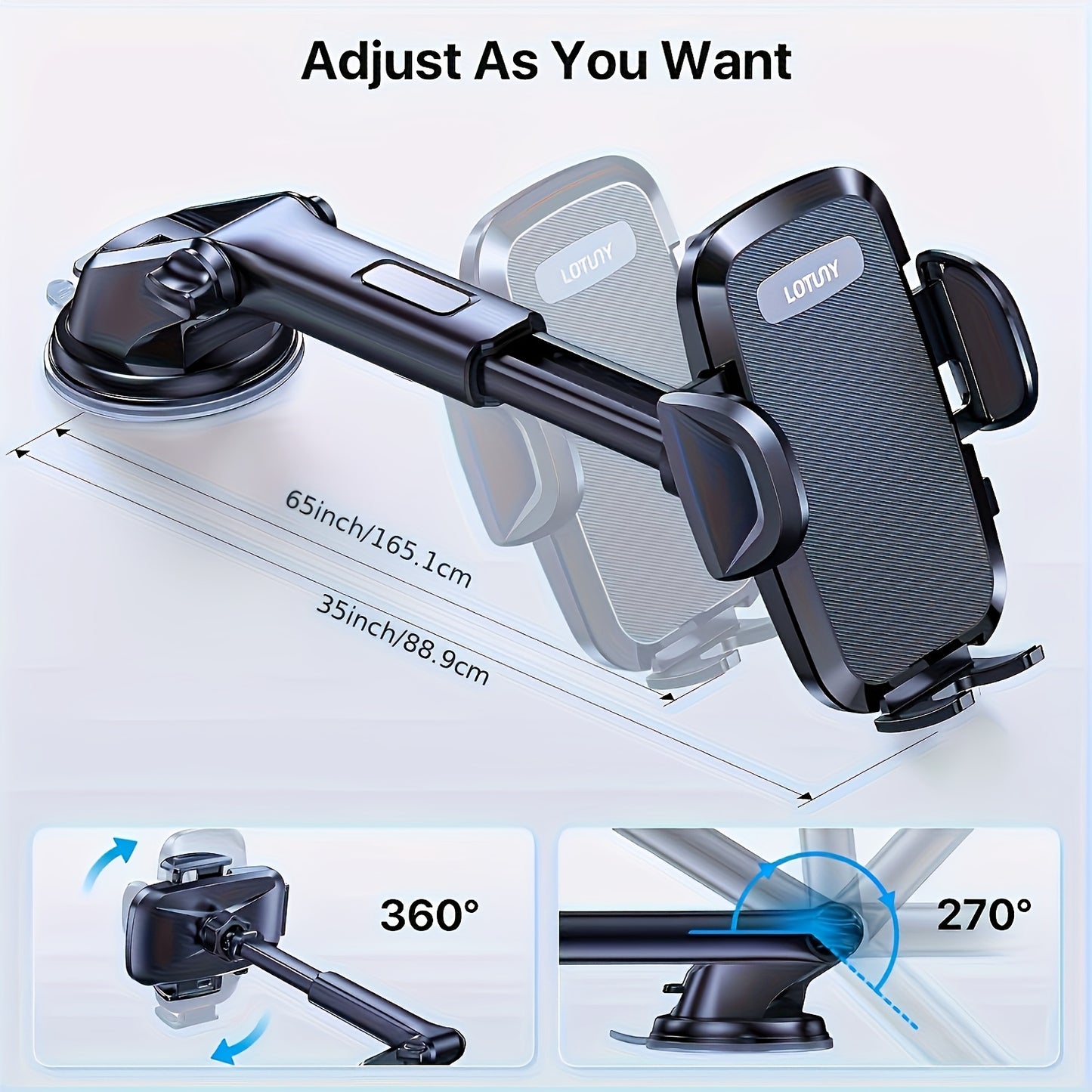 3-in-1 Car Phone Holder, Adjustable Hands-Free Mount for iPhone Samsung Google Pixel & 4"-7.2" Phones, Sturdy Suction Cup with Ergonomic Grip, Black, Modern Design with Textured Grip Surface, Perfect Car Accessory Gift