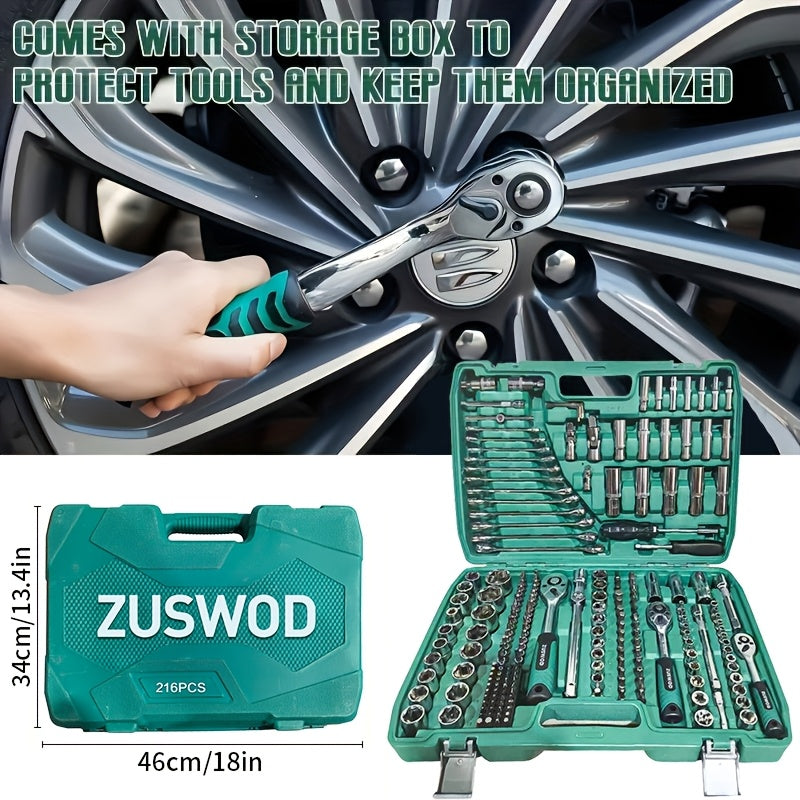 High End Professional 216 Tool Set, 1/4" 3/8" 1/2" Drive Depth And Standard Sleeves, Ratchet Wrench Set, S2 And CR-V Sleeves, Automotive Parts Repair Quick Ratchet Wrench And Other Automotive Repair Parts, Professional Racing Grade Repair Tool Set