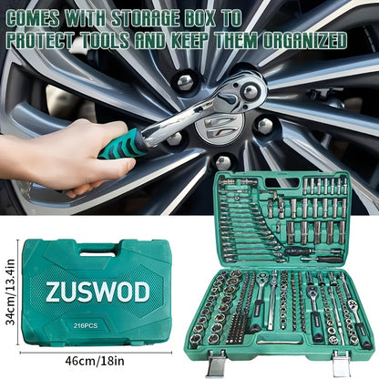 High End Professional 216 Tool Set, 1/4" 3/8" 1/2" Drive Depth And Standard Sleeves, Ratchet Wrench Set, S2 And CR-V Sleeves, Automotive Parts Repair Quick Ratchet Wrench And Other Automotive Repair Parts, Professional Racing Grade Repair Tool Set