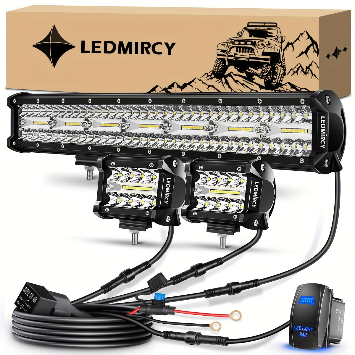 LEDMIRCY 20 Inch LED Light Bar And 4 Inch LED Pods 2pcs Kit, with 3 Leads Wiring Harness Rocker Switch Triple Row Off Road Light Bar, for Off Road UTV ATV Pickup Trucks Boat Yachts