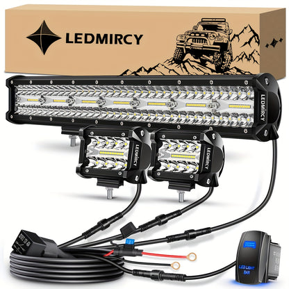 LEDMIRCY 20 Inch LED Light Bar And 4 Inch LED Pods 2pcs Kit, with 3 Leads Wiring Harness Rocker Switch Triple Row Off Road Light Bar, for Off Road UTV ATV Pickup Trucks Boat Yachts