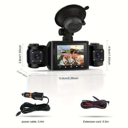 Black Friday Offer, 2.4-Inch 1080P Car Camera, Four-Channel Recording, Three-Screen HD Car Camera, Features 480P Images from Left, Right, And Rear, Plus Motion Detection, Night Vision, And Wide Dynamic Range, Optional 64GB Memory Card