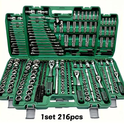 High End Professional 216 Tool Set, 1/4" 3/8" 1/2" Drive Depth And Standard Sleeves, Ratchet Wrench Set, S2 And CR-V Sleeves, Automotive Parts Repair Quick Ratchet Wrench And Other Automotive Repair Parts, Professional Racing Grade Repair Tool Set