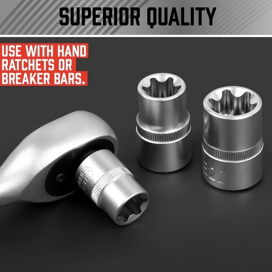 14pcs E-TORX Socket Set - Premium Star Torque Tools, 1/4", 3/8", 1/2" Drive, External Torx E4-E24 Sockets for All Vehicles, Fathers Day Gift