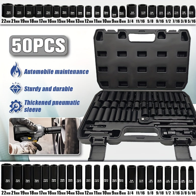 [Impact Socket Set] 50/53pcss Impact Socket Set - 3/8-Inch Drive, Including Common Metric Sizes (8-22 Mm) And Imperial Sizes (5/16-3/4 Inch), Made of CR-V Steel. The 53pcss Set Includes 24-Tooth 1/4-Inch Metric Sockets, Ideal for Enthusiasts And Machinist
