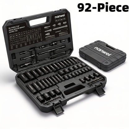 92/50/15pcs 3/8 Inch Drive Impact Socket Set, Metric (8-22 Mm), SAE (5/16 - 3/4 Inch), 6 Points, Cr-V Material, With Adapter Ratchet Handle And Storage Box - Professional/maintenance Personnel Set, A Great Choice For Daily Use And As A Gift.