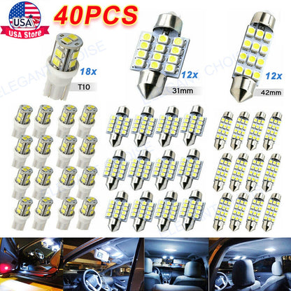 40PCS Car LED Combination Set 12V-T10 Width Indicator Dual Pointed Reading Light,Car Interior Combination LED Map Door Dash Gauge Instrument Concierge, White