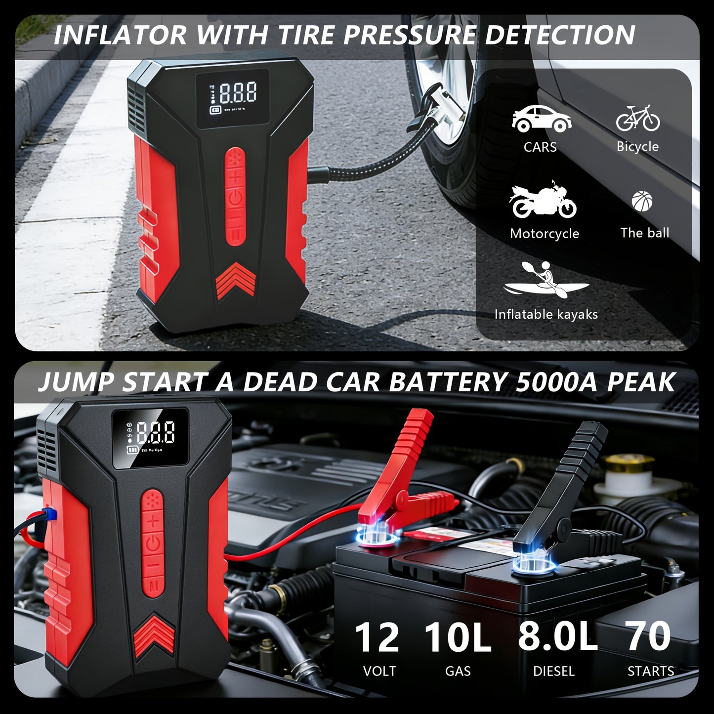 15000A Peak Car Emergency Starter & 250PSI Portable Tire Inflator, 12V (ALLGas/ 2.11 Gallons Diesel) Quick Start Vehicle, Portable Car Battery Charger, USB Input/ Output, LED Emergency Light, Car Emergency Tool