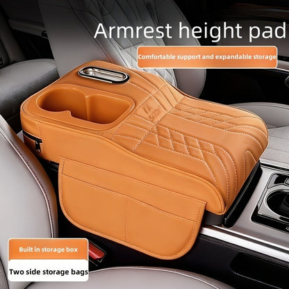A Car Center Armrest Pad Designed to Elevate Height, Featuring a Tissue Box And a Cup Holder, Available in Various Colors for Storage