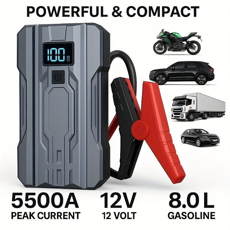 5500A Car Battery Jump Starter (2.11gal Gasoline/1.59gal Diesel) Portable Car Jump Starter Battery Pack/Box, 12V Car Battery Jumper Starter with Safety Jumper Cables, Fast Charging, Lights, Compact