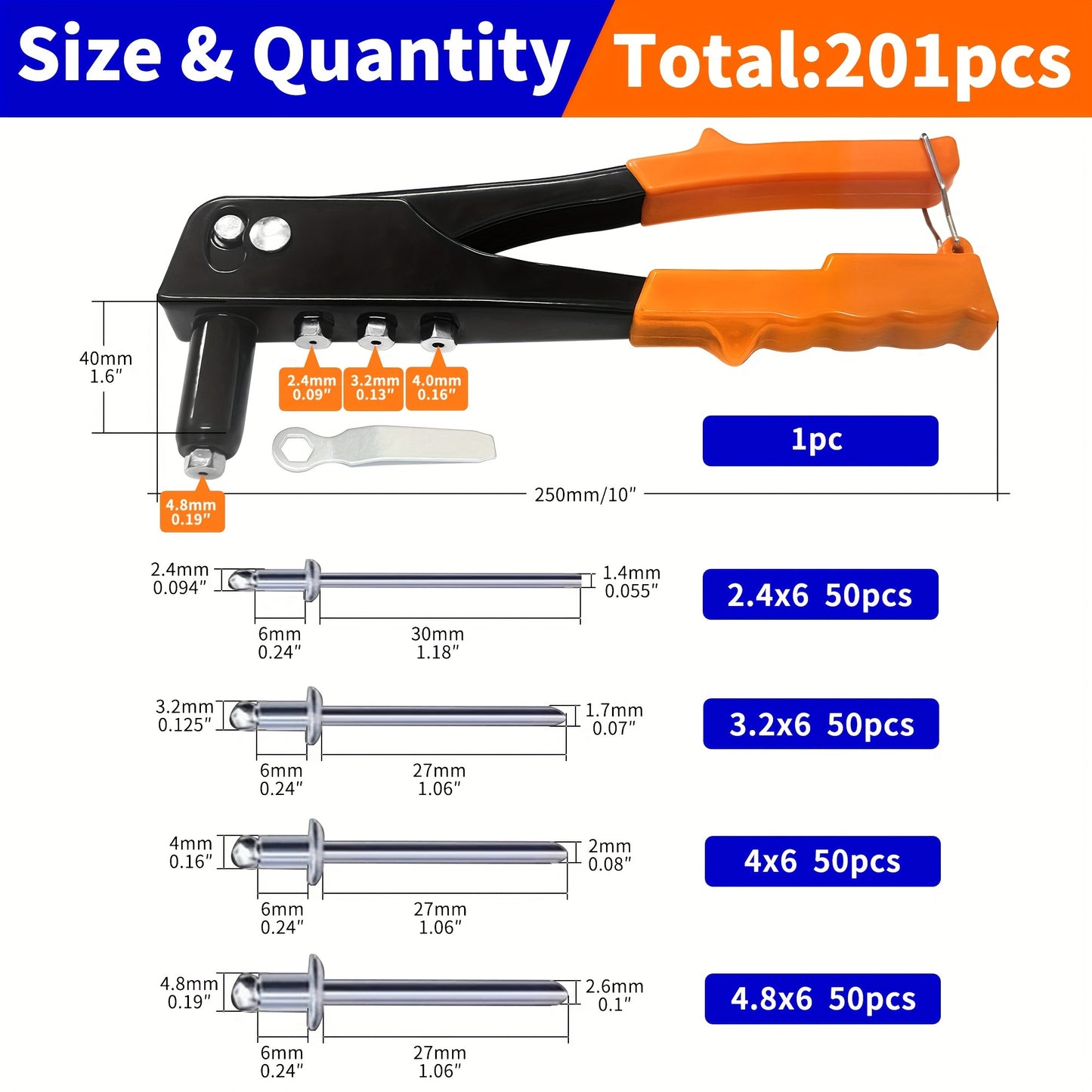4-in-1 Hand Riveter Gun Kit with 200 Rivets - Heavy-Duty Pop Rivet Tool, 4 Interchangeable Nosepieces & Multi-Size (3/32”, 1/8”, 5/32”, 3/16”) for Metal Riveting - Compatible with Automotive,, - Rivet Gun Kit for Metals