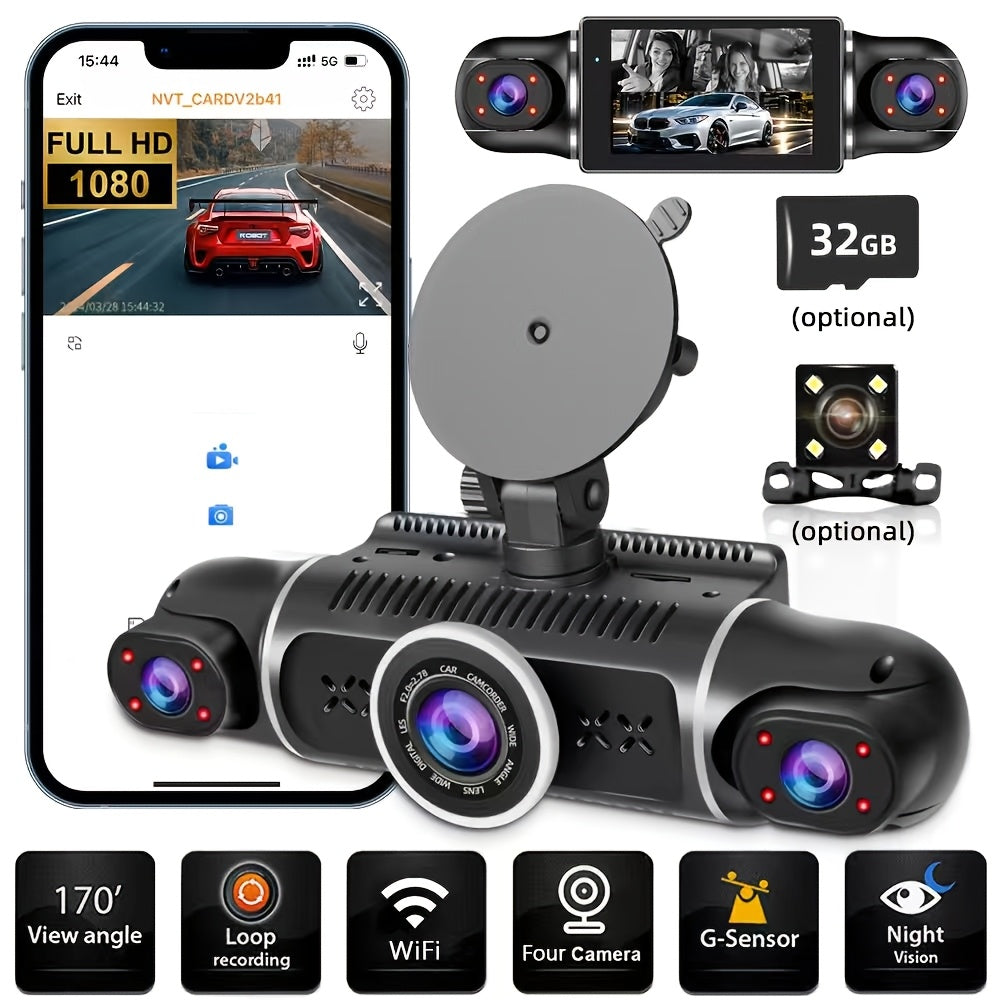 FHD 1080P 3/4-Channel 360° Car Dashcam, WIFI, IR Night Vision, Loop Recording, Car DVR Recorder, 3.0" IPS Screen, Rechargeable Battery 180Mah, 12-24V Car Plug, Optional 32GB Memory Card (Black), Car Parts/ Car Dashboard Camera/ Christmas Gift/