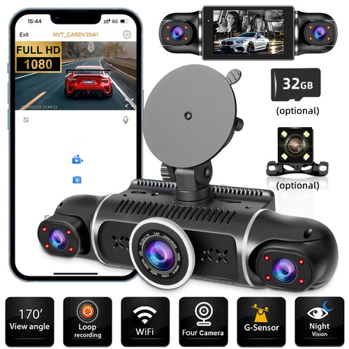 FHD 1080P 3/4-Channel 360° Car Dashcam, WIFI, IR Night Vision, Loop Recording, Car DVR Recorder, 3.0" IPS Screen, Rechargeable Battery 180Mah, 12-24V Car Plug, Optional 32GB Memory Card (Black), Car Parts/ Car Dashboard Camera/ Christmas Gift/