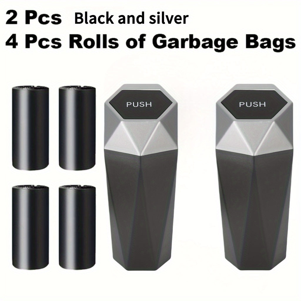 6pcs Car Storage, Creative Mini Diamond Car Trash Can, 2 Trash Cans, 4 Rolls of Trash Bags (60 Trash Bags), Stylish, Easy to Operate, One-Button Operation, Make Your Car Cleaner And Tidier, Suitable for Most Cars, Trucks And Suvs