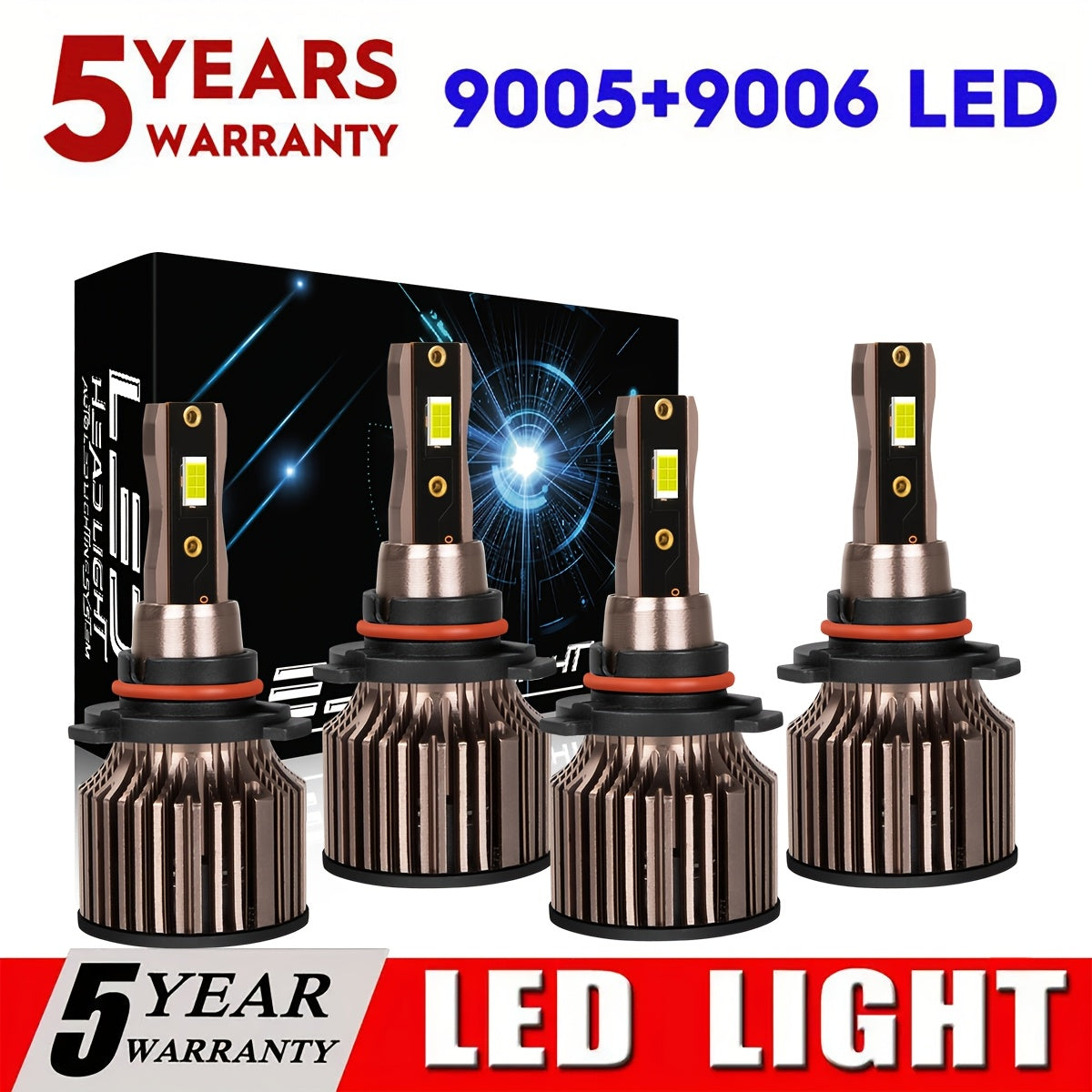 9005+9006 / 9012+H11 LED Headlight Bulbs High Low Beam Bulbs Combo Super Bright White, Pack of 4, Chip New Upgraded Design LED Plug-N-Play Bulbs, up to 50000 Hours, 9005+9006, 9012+H11