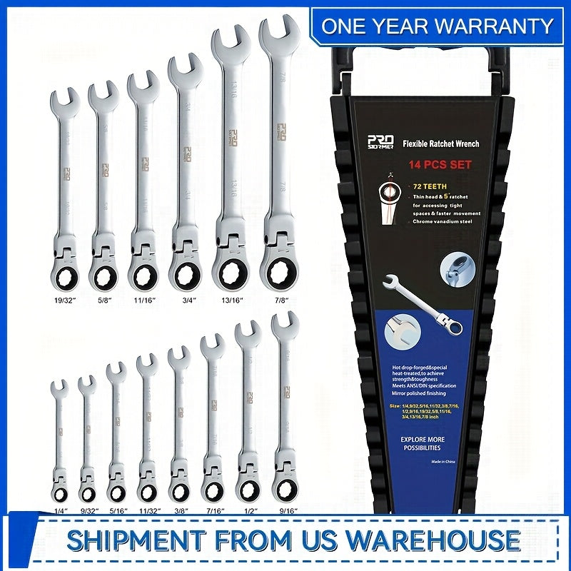 Professional 14-PCS SAE Flex Head Ratcheting Wrench Set - 1/4" To 7/8" Chrome Vanadium Steel With Organizer Rack - For Automotive & Mechanical Repair