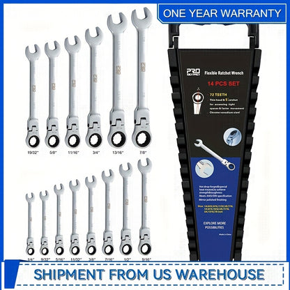 Professional 14-PCS SAE Flex Head Ratcheting Wrench Set - 1/4" To 7/8" Chrome Vanadium Steel With Organizer Rack - For Automotive & Mechanical Repair
