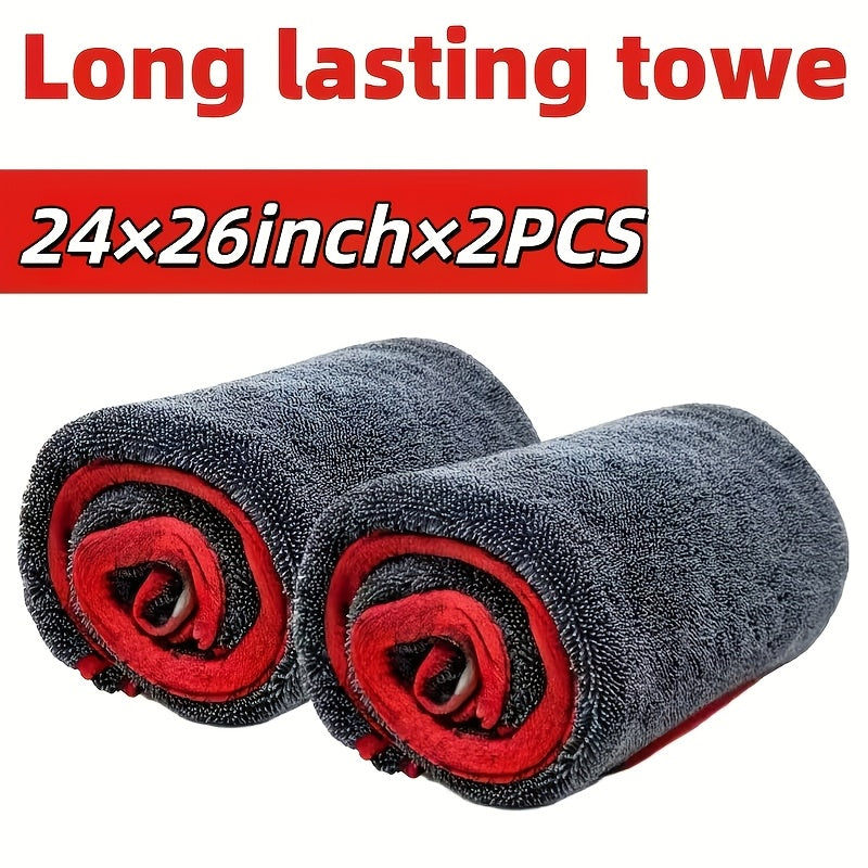 2pcs XXL Extra Large Microfiber Drying Towel With Twist Ring Design - Super Absorbent Thickened Technology Suitable For Cars, Trucks, Boats - Red And Gray Detail Cloth, Professional Look | Highly Absorbent Material