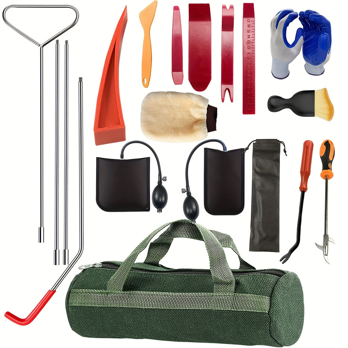[Car Door Opener Kit] Emergency Car Door Opener Tool Kit, Universal Car Emergency Kit, Car Door-Unlocking Kit With Long Reach Grabber, Wedge Air Bag, Auto Trim Removal Tool Kit And Tool Bag Etc. Blue