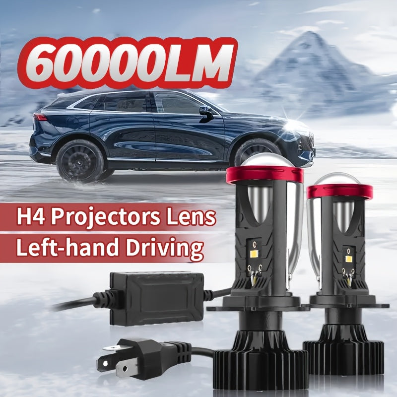 2pcs H4 High And Low Integrated Headlight Bulbs, 60, 000 Lumens 420W 3570 CSP Chip New LED Projection Lens, 6000K White Ultra-bright Light, Suitable for Motor Vehicles, Left-hand Driving, 12-24V, No Battery Required