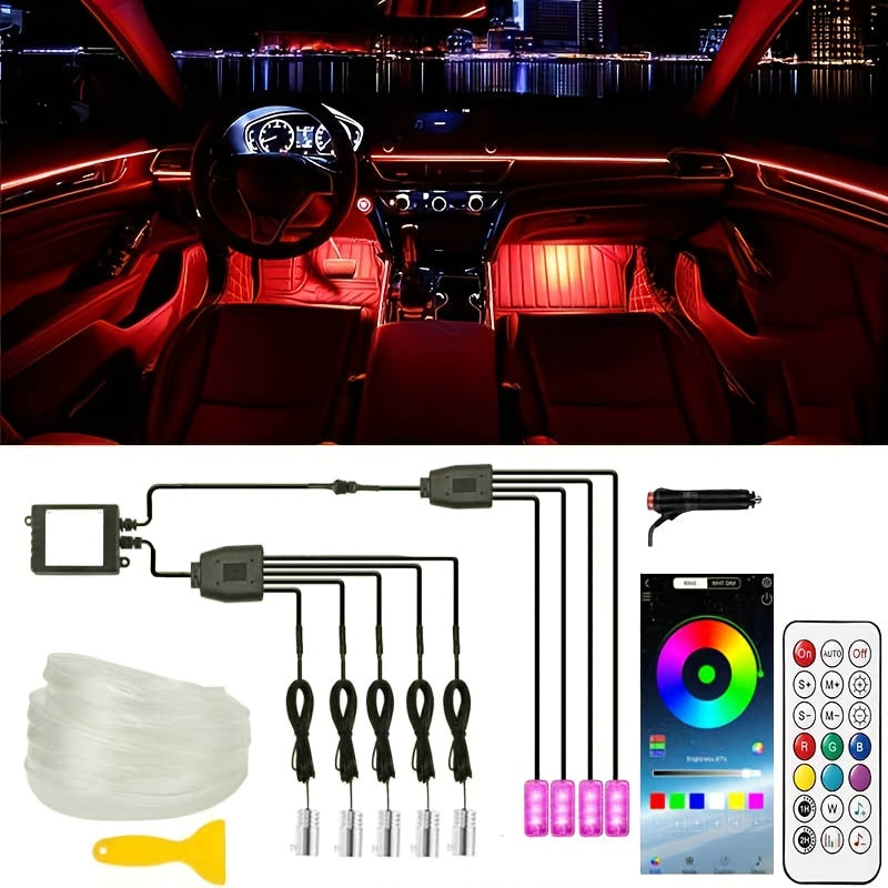 [APP Control LED Lights] RGB Car Accessories Neon Light With APP Control, 8-Color Changing (Dashboard + Roof Console), LED Car Lights, APP Application And USB Button With Voice Control RGB LED Automotive Ambient Lighting