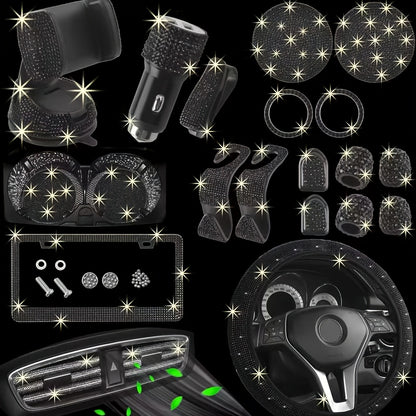 27pcs Bling Car Accessories Set for Women, Bling Steering Wheel Covers Universal Fit 15 Inch, Bling Car Coasters, Bling License Plate Frame, Car Phone Holder