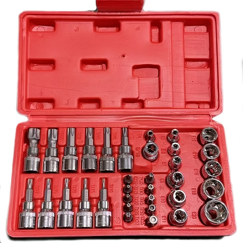 Set of 34 Torx Bit Sockets And E-Torx Sockets for 1/4", 3/8", And 1/2" Drives, Including Both Male And Female E-Torx Security Bits, Designed for Handheld Use