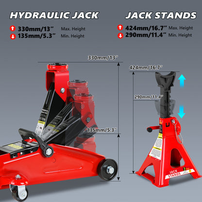 2/2.5/3 Ton Capacity, Jack Kit Low Profile Hydraulic Trolley Service/Floor Jack Combo, Multiple Meal Plans to Choose from 3 Ton Jack Stands 2PCS, Tire Repair Kit, 14-inch Wheel Cross Wrench, Wheel Chock, Jack Accessories Red/Blue