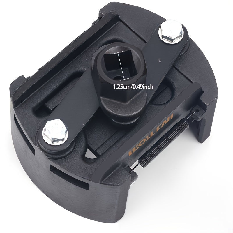 Adjustable Oil Filter Wrench, German U-Shaped Multi-Function, Two-Jaw Reversible Mechanism, Black Metal with Hex Socket and Adjustment Knob for Engine Maintenance