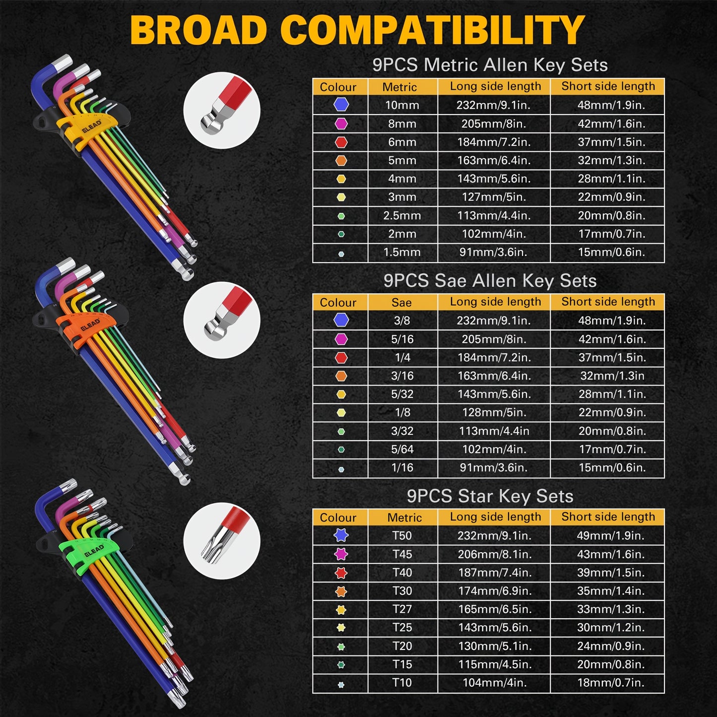 HORUSDY Hex Key Allen Wrench Set Ball End Torx Key Metric (1.5mm-10mm) & SAE (1/16"-3/8") Industrial Grade with Color Coding with T-Handle for Bicycle Repair Household DIY Chrome Vanadium Steel