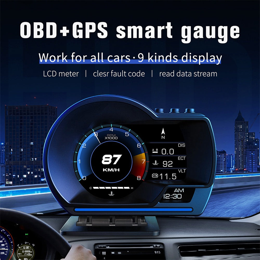 HUD Car Head Up Display-OBD2 GPS Dual System Car HUD Display - Digital GPS Speedometer with Water Temp Voltage RPM - Universal Heads Up Display for Most Vehicles