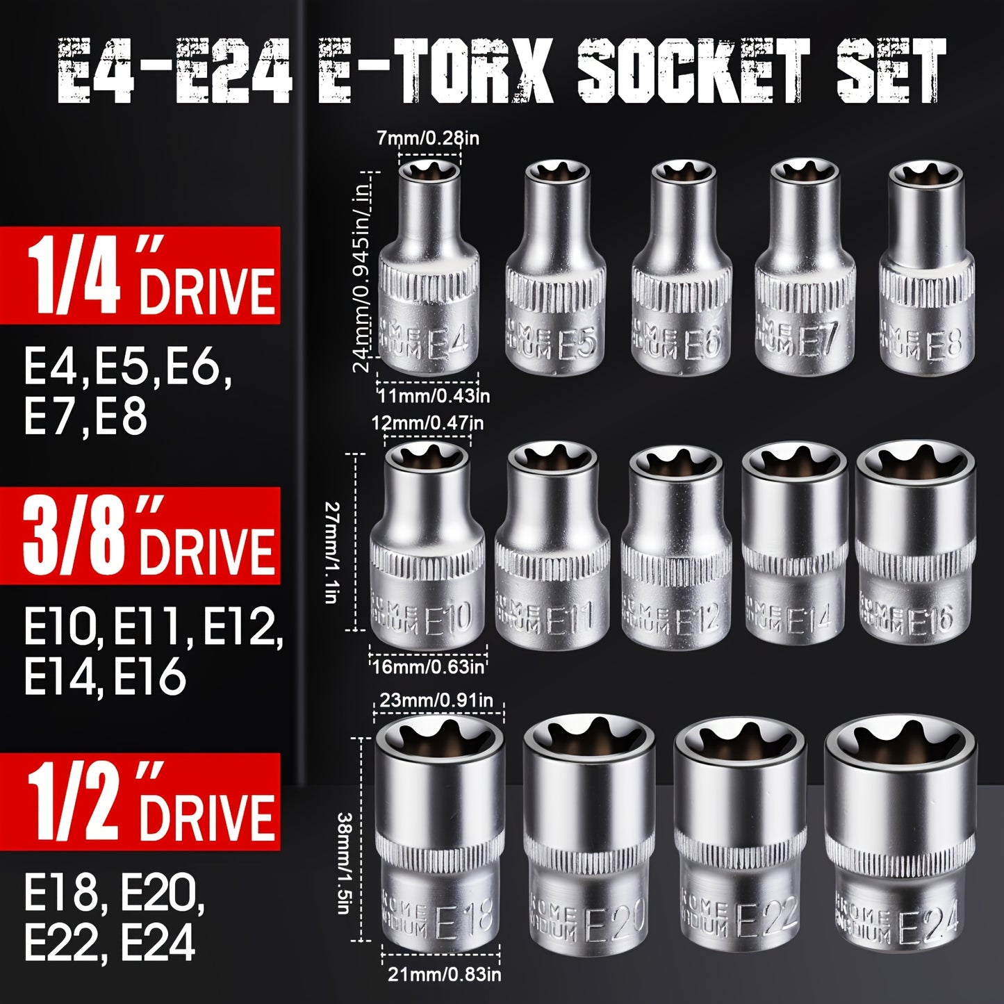 14pcs E-TORX Socket Set - Premium Star Torque Tools, 1/4", 3/8", 1/2" Drive, External Torx E4-E24 Sockets for All Vehicles, Fathers Day Gift