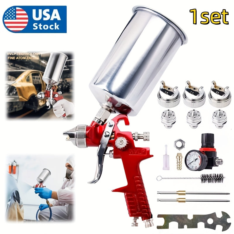 Set of High-Efficiency HVLP Gravity Feed Spray Guns Featuring 1.4, 1.7, And 2.0MM Nozzles, Complete with a 1000Cc Aluminum Cup, Suitable for Automotive Painting, Wall Applications, Base Layers, Clear Coats, And Touch-Ups (In Red)