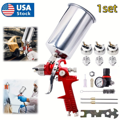 Set of High-Efficiency HVLP Gravity Feed Spray Guns Featuring 1.4, 1.7, And 2.0MM Nozzles, Complete with a 1000Cc Aluminum Cup, Suitable for Automotive Painting, Wall Applications, Base Layers, Clear Coats, And Touch-Ups (In Red)