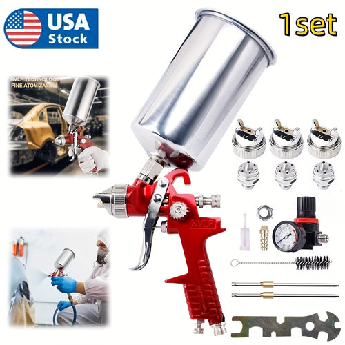 Set of High-Efficiency HVLP Gravity Feed Spray Guns Featuring 1.4, 1.7, And 2.0MM Nozzles, Complete with a 1000Cc Aluminum Cup, Suitable for Automotive Painting, Wall Applications, Base Layers, Clear Coats, And Touch-Ups (In Red)