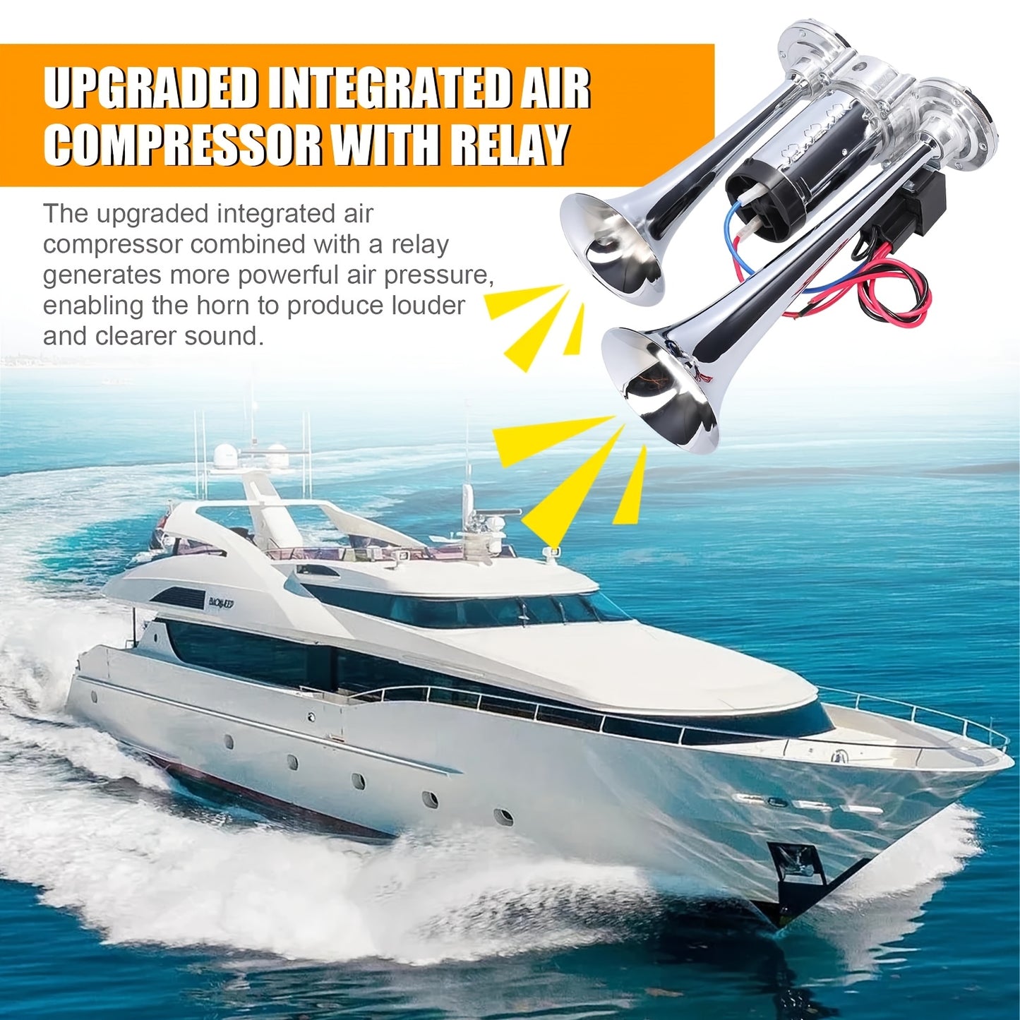 130dB Double Tube Air Horn 12V/24V, Aluminum Alloy Construction with Compressor Included, Super Loud for Trucks, SUVs, Boats, Quick Connect Installation