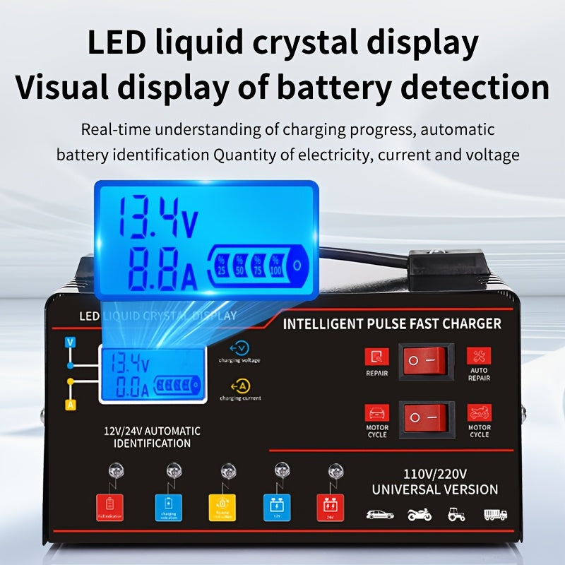 New Styles 12V 24V for smart Universal Battery Charger, LCD Screen, Pulse Repair Function, And Temperature Regulation Designed for Smart Trickle Charging Maintenance of Car, Truck, Harvester, Lawn Mower, Boat, And Motorcycle, Lead Acid Batteries